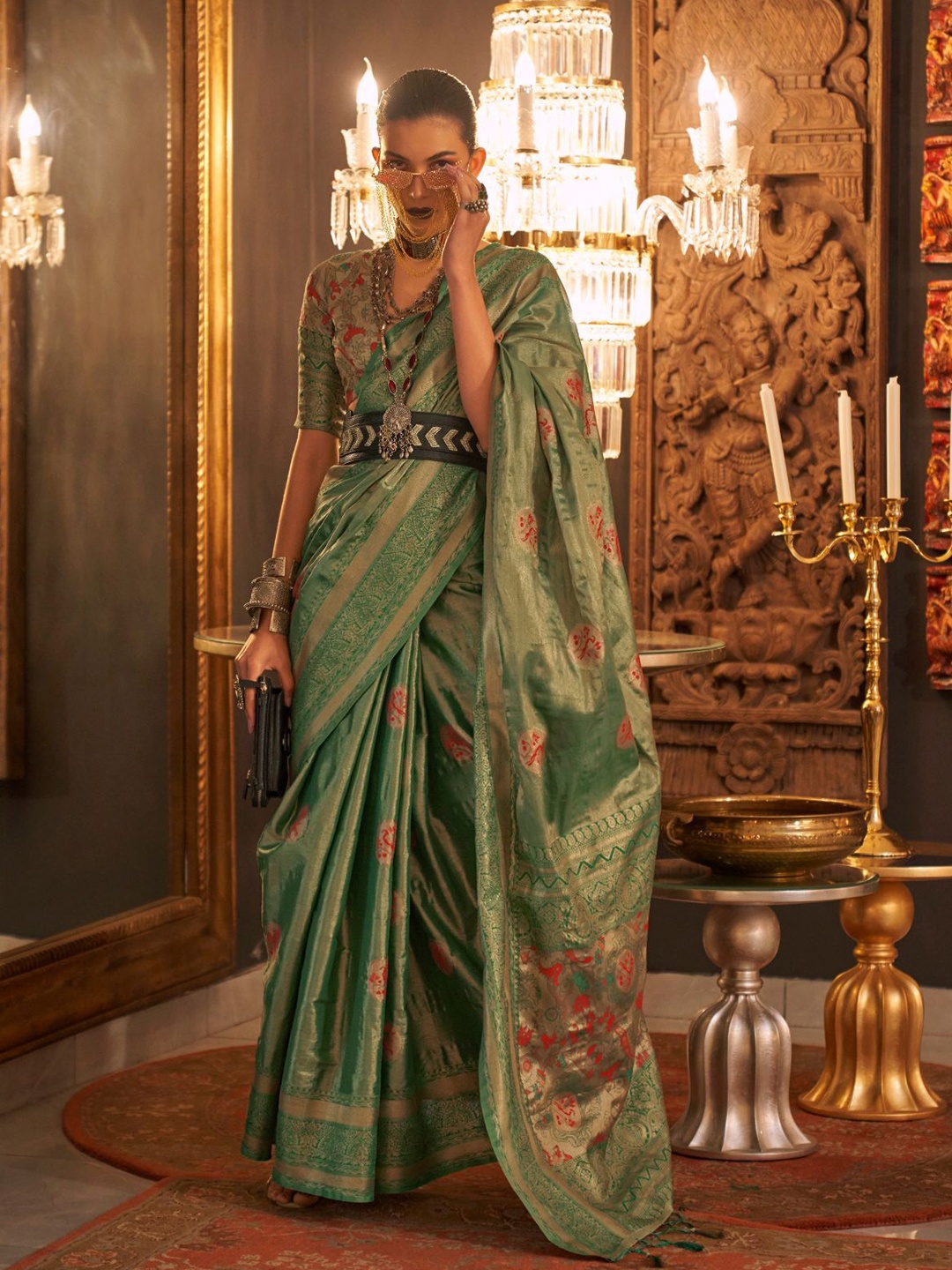 

ODETTE Woven Design Zari Saree With Unstitched Blouse, Green