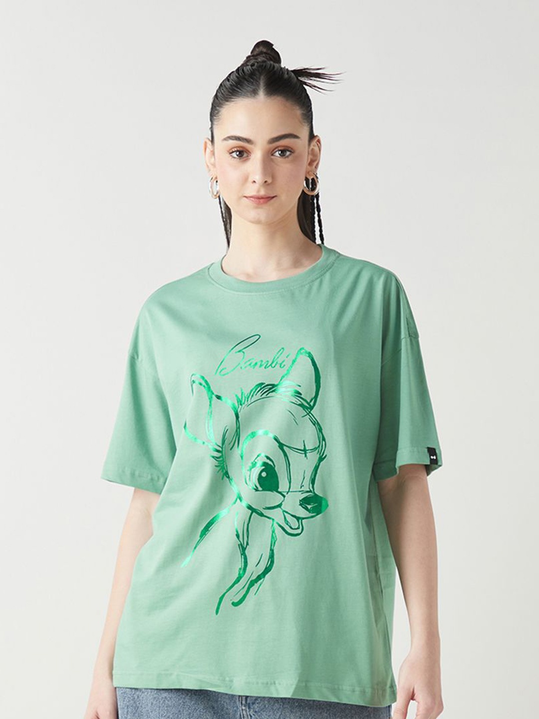 

Bewakoof Women Graphic Printed Round Neck Cotton Oversized Bambi T-shirt, Green