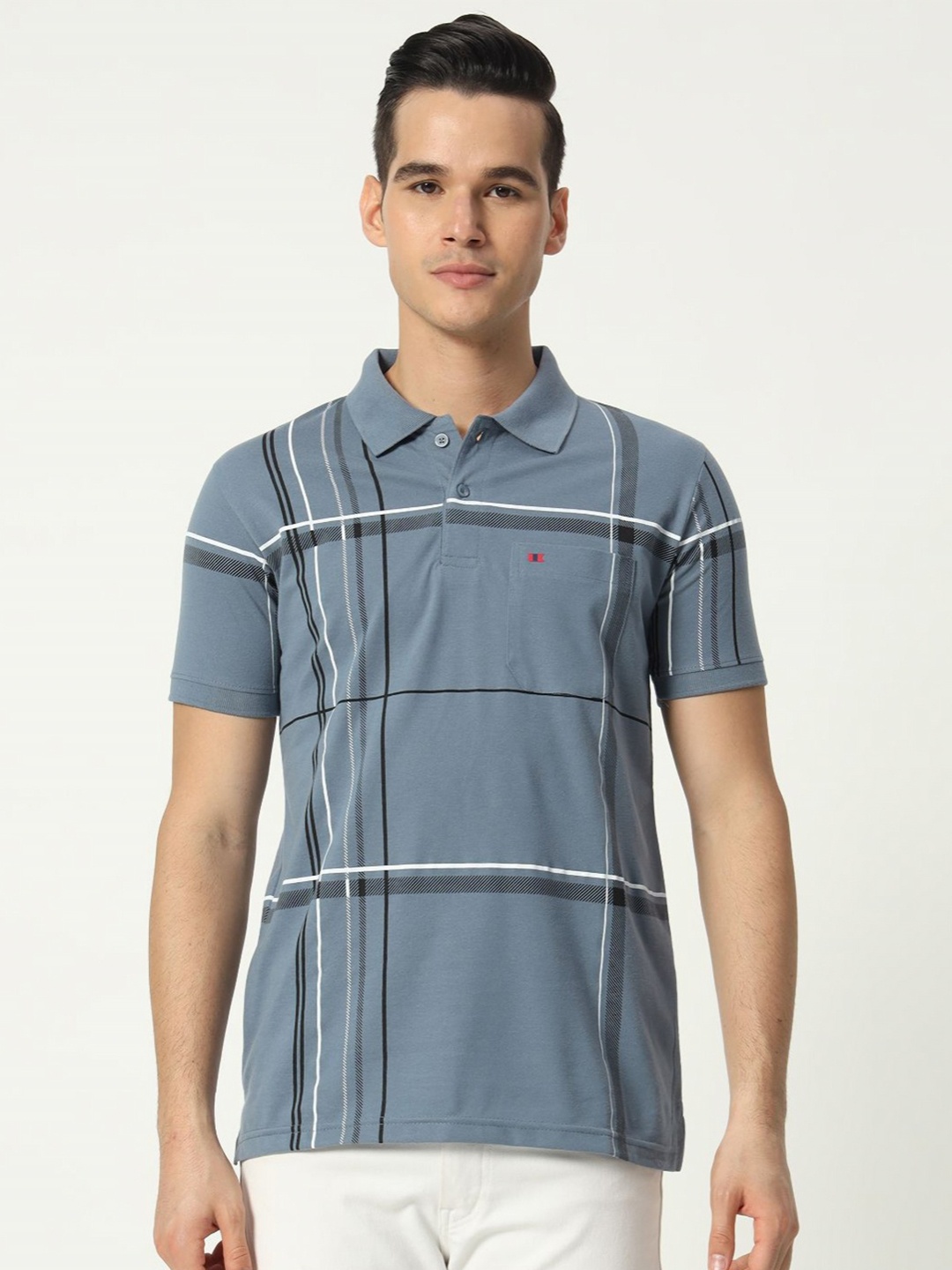 

TAB91 Men Striped Polo Collar Cotton T-shirt, Grey