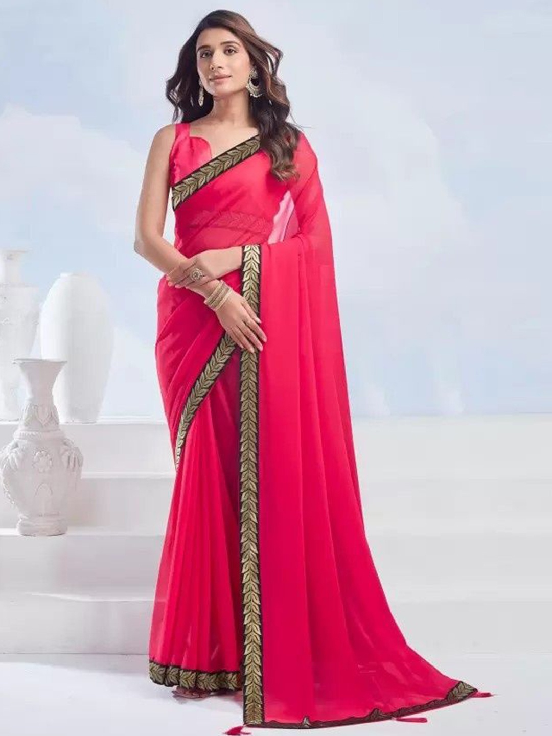 

Reboot Fashions Woven Design Zari Pure Georgette Saree, Pink