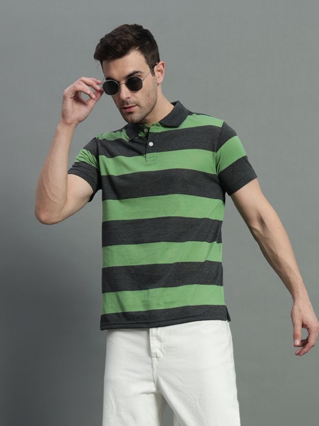 

GET GOLF Men Striped Polo Collar Cotton T-shirt, Green