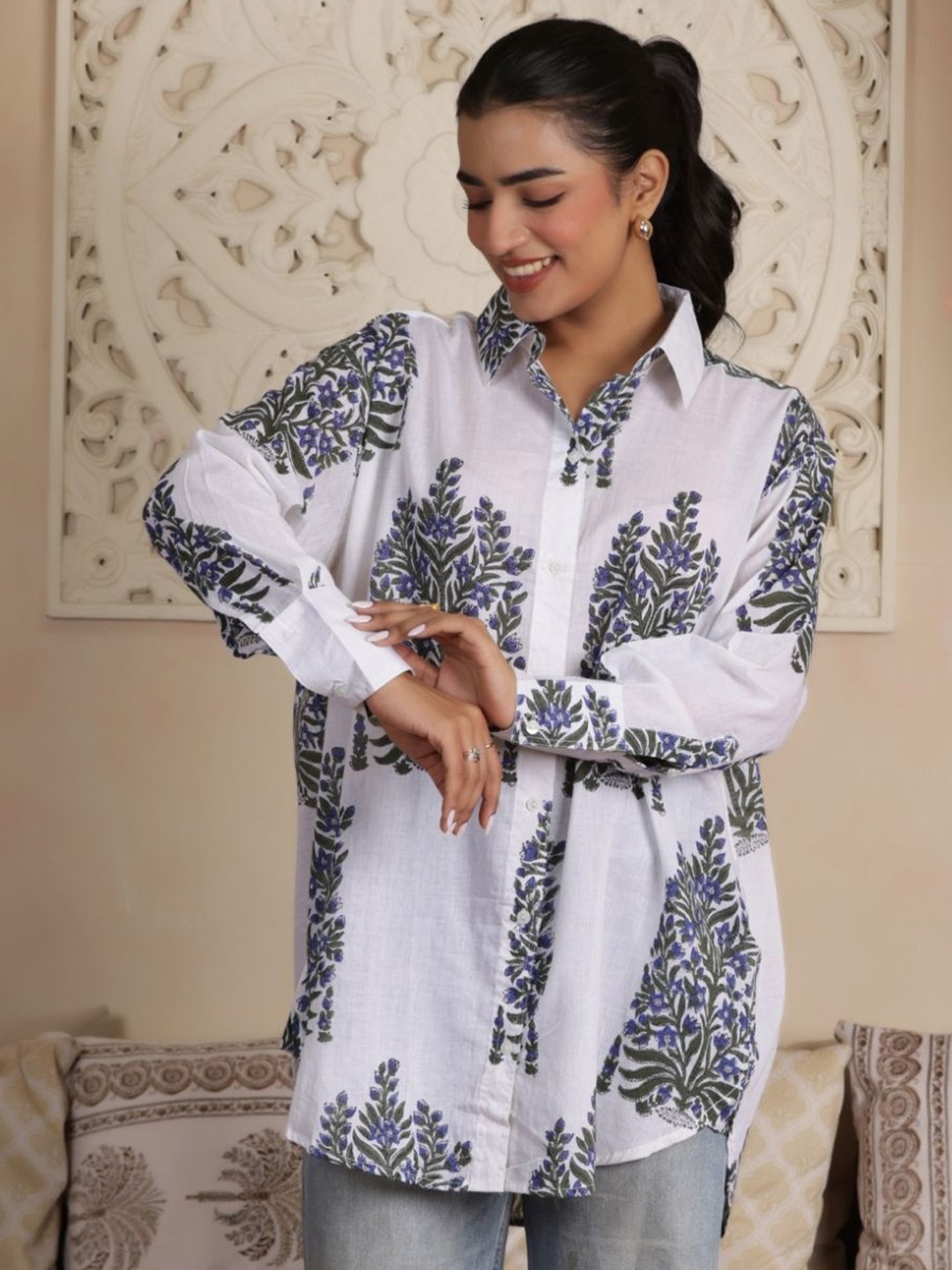 

SASSY SAJJA Women Comfort Spread Collar Floral Printed Cotton Oversized Casual Shirt, White