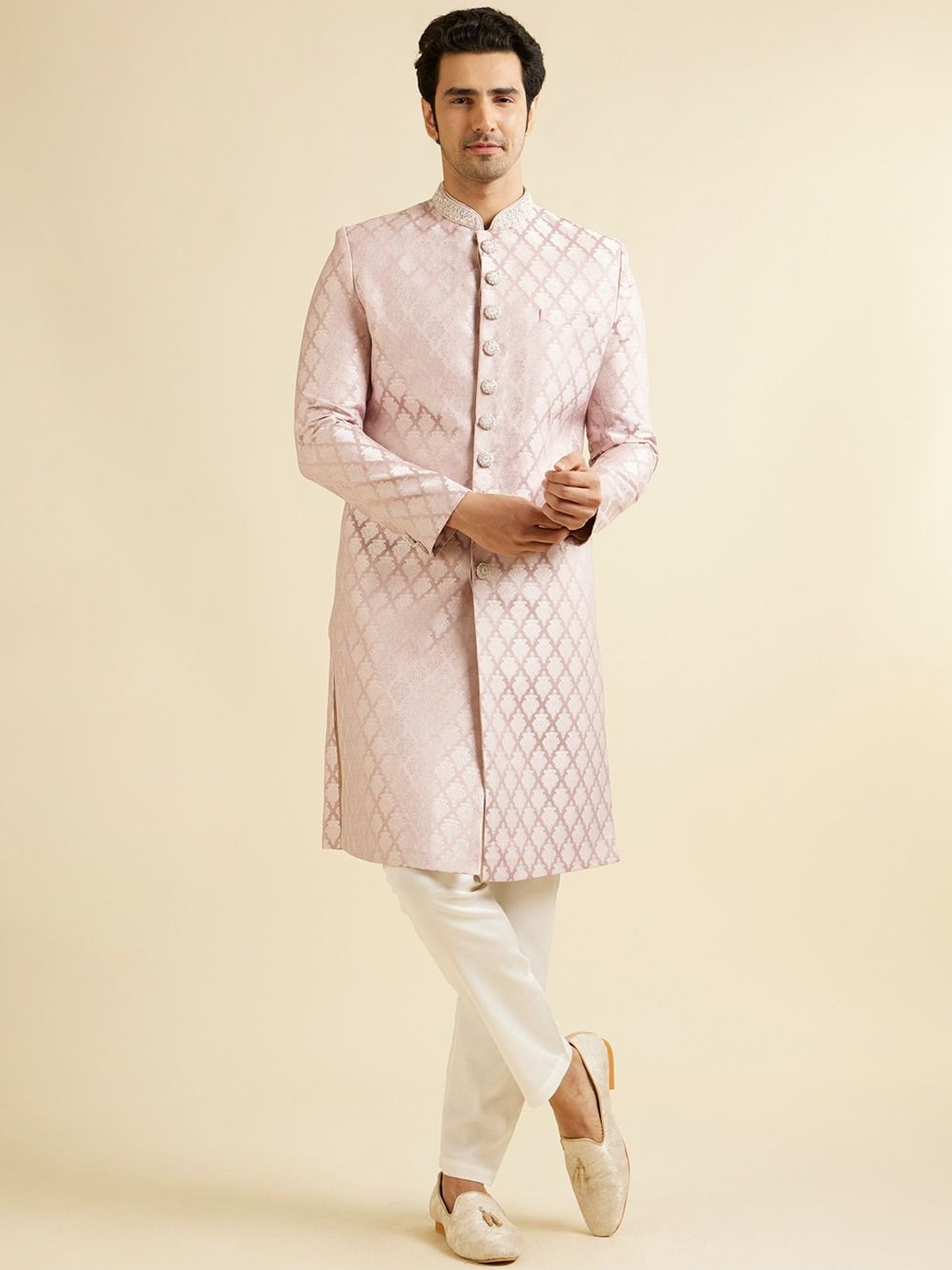

Manyavar Men Printed Calf Length Sherwani, Pink