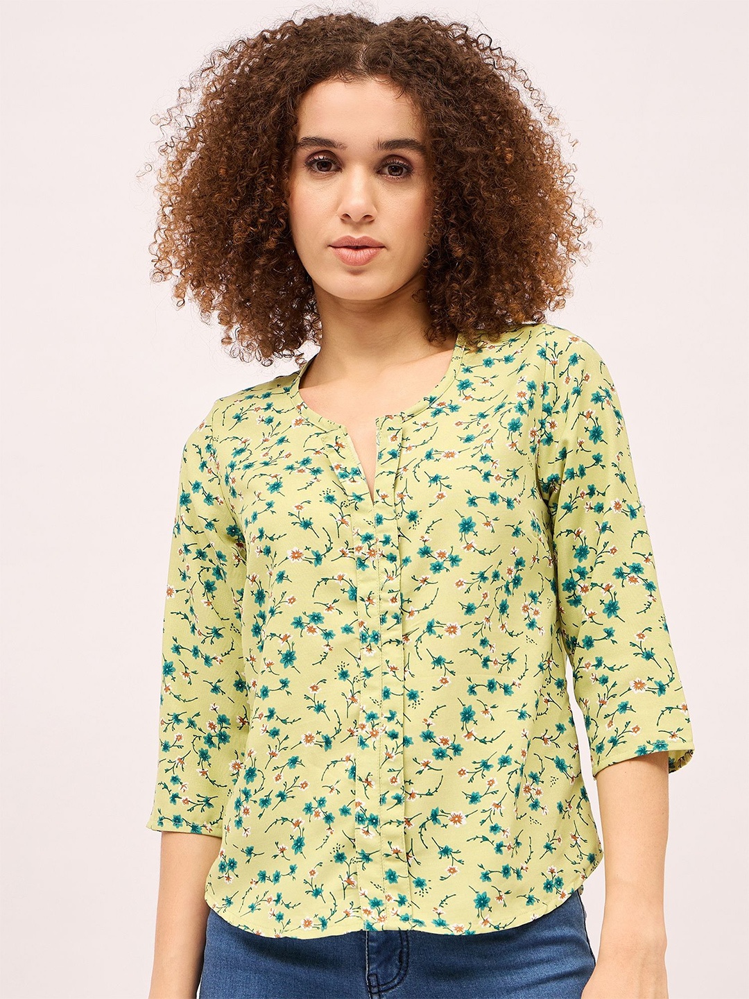 

Mayra Women Floral Printed Cotton Shirt Style Top, Green