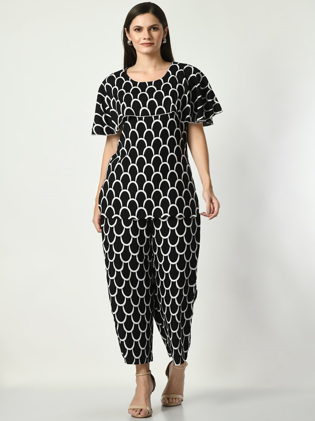 

VAPPSYAM Geometric Printed Round Neck Pure Cotton Casual Tunic With Trousers, Black