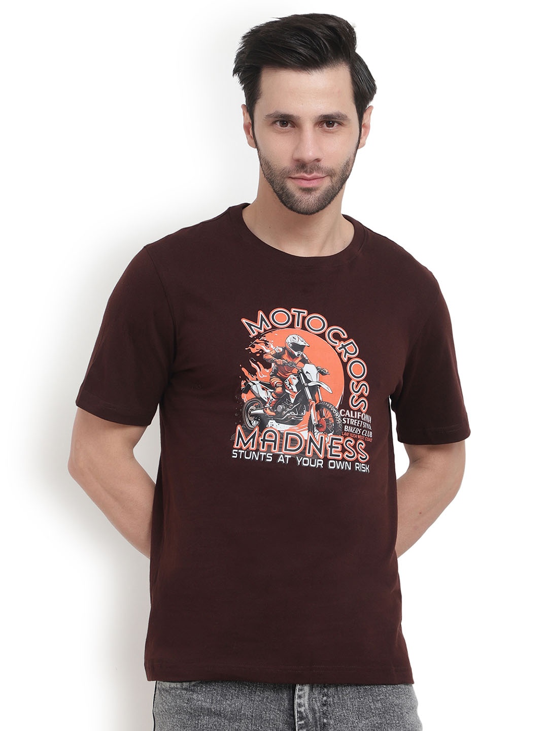 

MENTOOS Men Graphic Printed Round Neck Cotton T-shirt, Brown