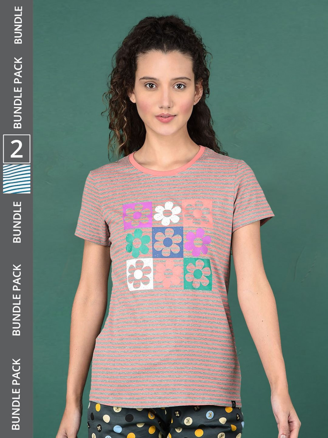 

Dollar Pack Of 2 Women Graphic Printed Round Neck Cotton T-shirts, Grey