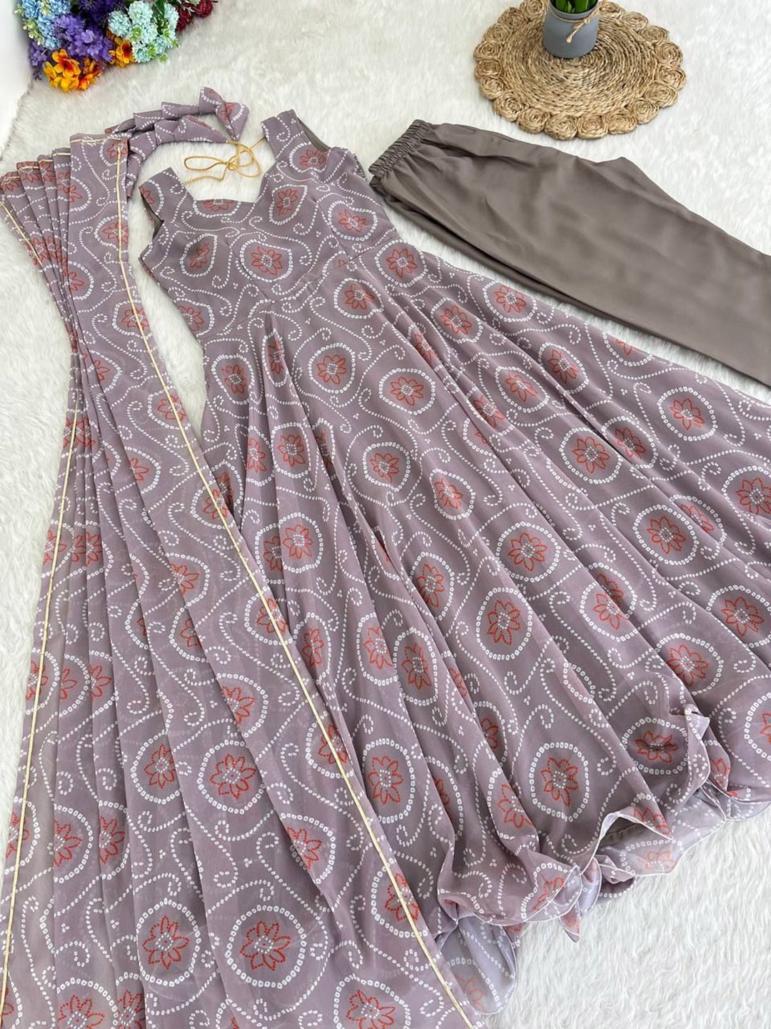 

ZIBLON Bhandani Printed Anarkali Kurta with Trousers & Dupatta, Grey