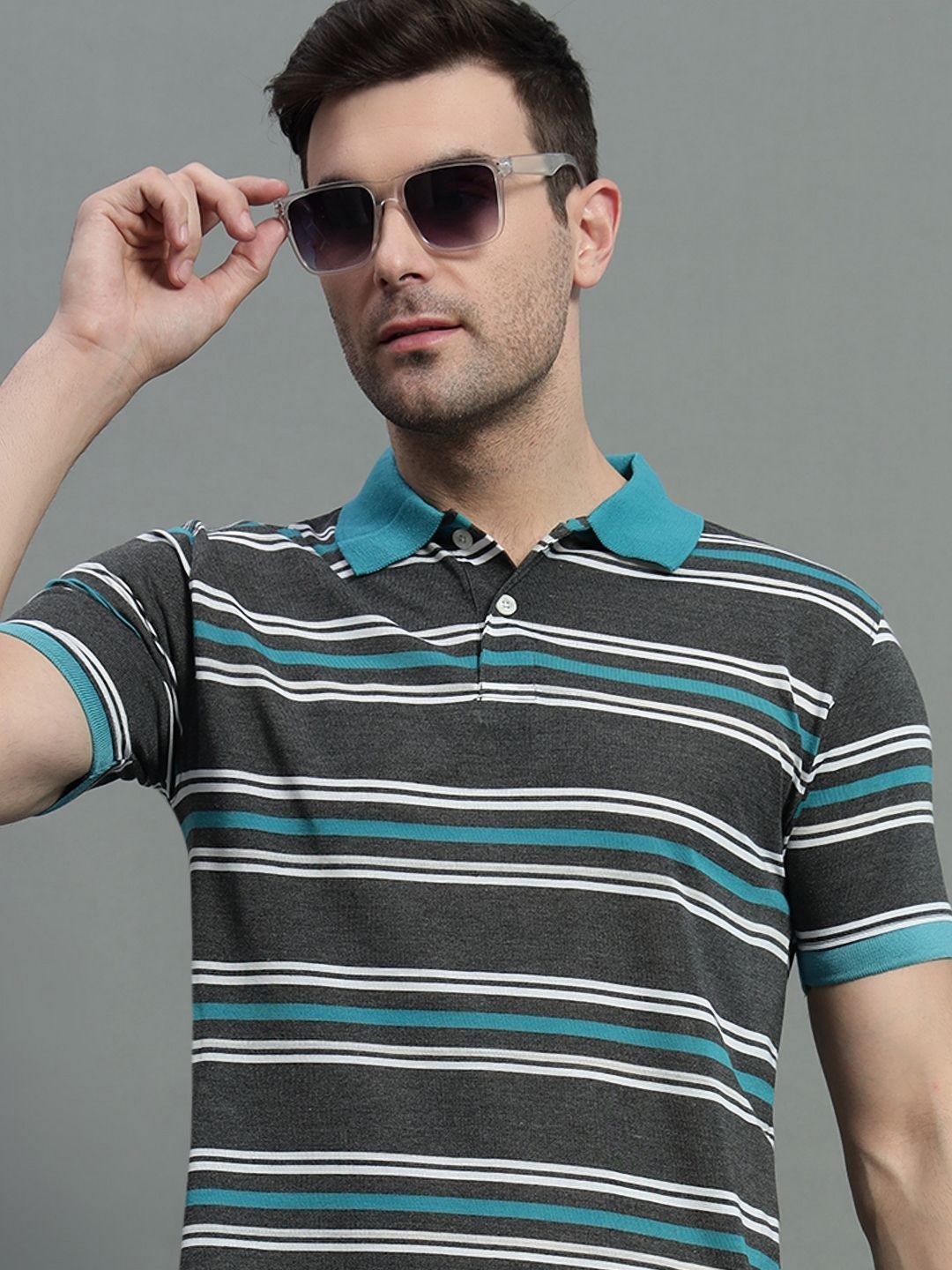

GET GOLF Men Striped Polo Collar Cotton T-shirt, Grey