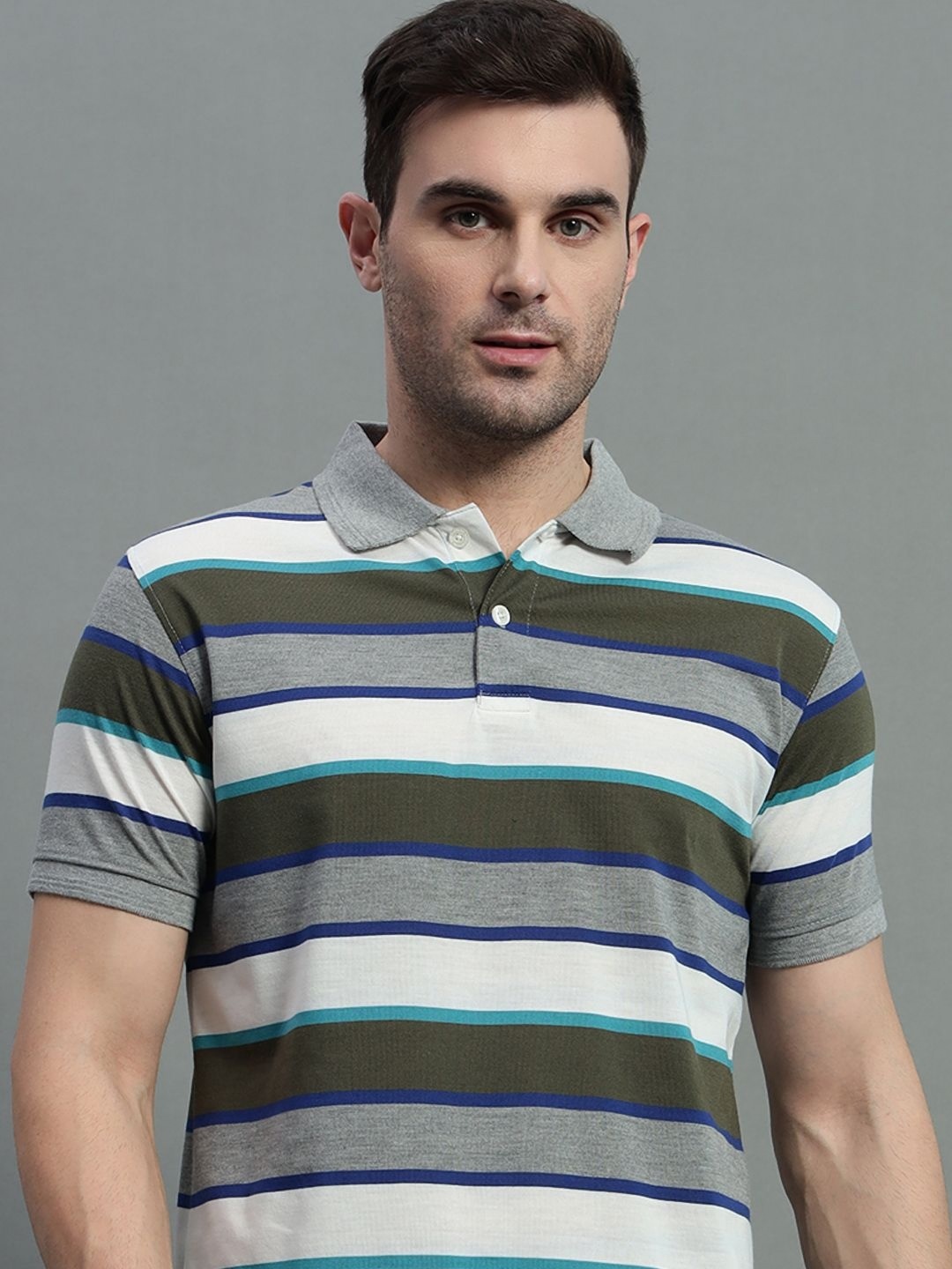 

GET GOLF Men Striped Polo Collar Cotton T-shirt, Grey