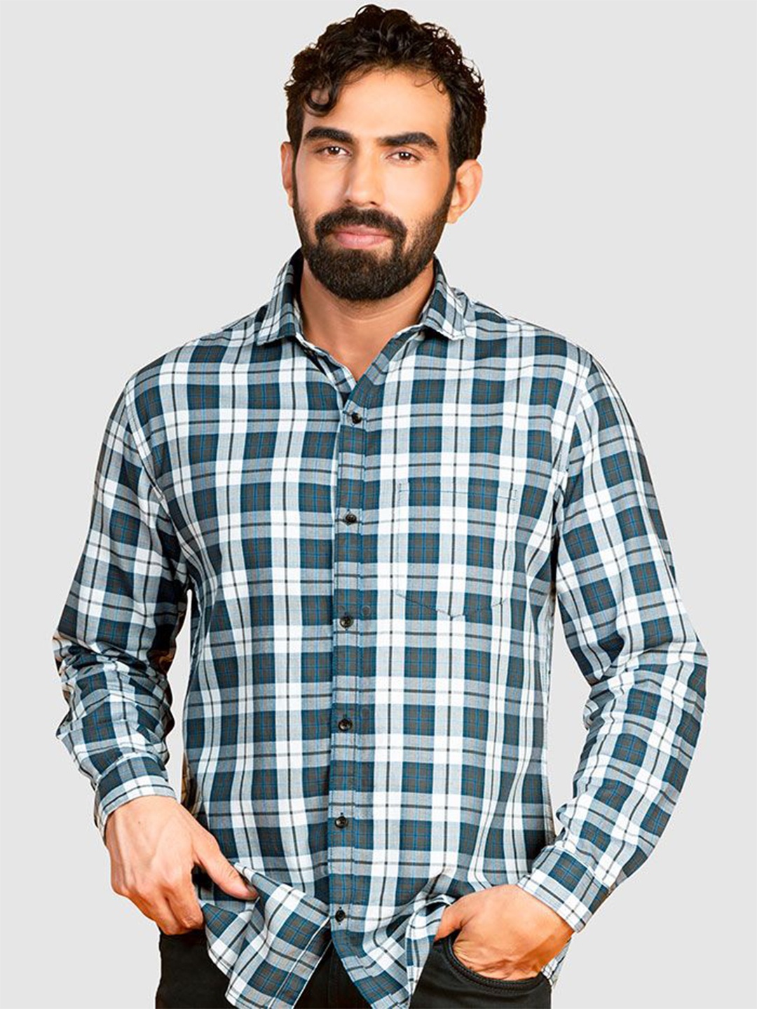 

Beyoung Men Spread Collar Checked Cotton Relaxed Fit Casual Shirt, Teal