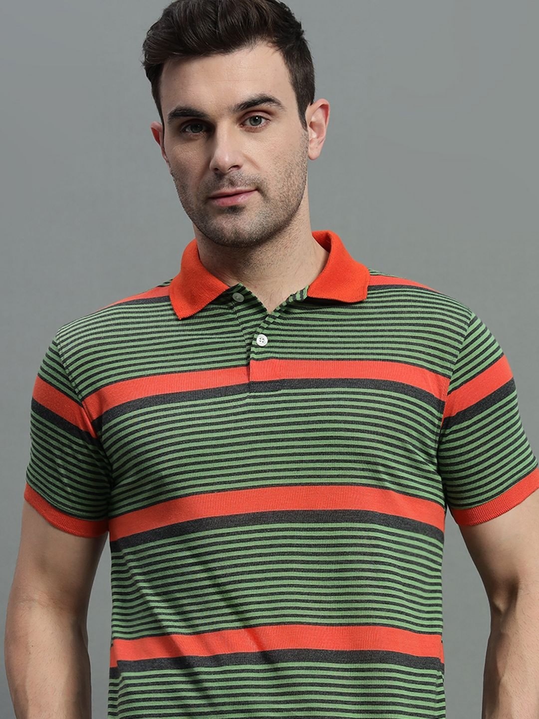 

GET GOLF Men Striped Polo Collar Cotton T-shirt, Green