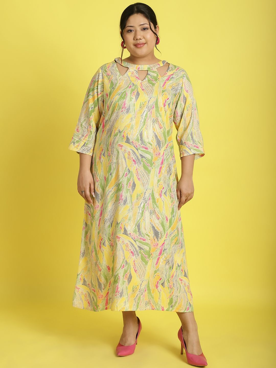 

theRebelinme Women Floral Print A-Line Midi Dress Plus Size, Yellow
