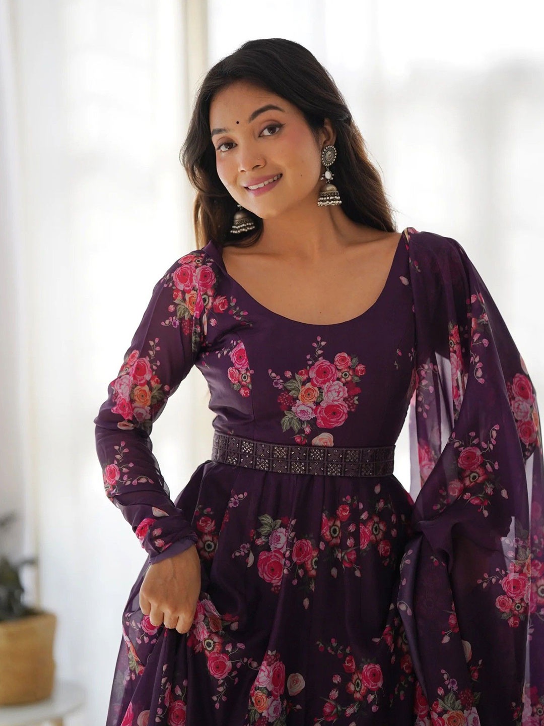 

Krunal Raiyani Women Floral Printed Fit & Flare Maxi Ethnic Dresses, Purple