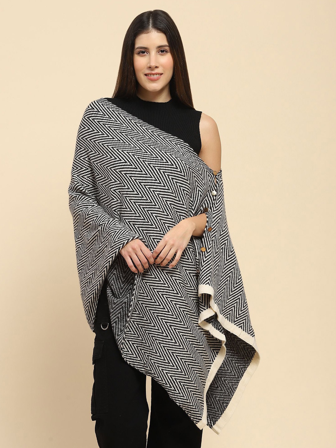 

Global Republic Striped Open Front Shrug, Black
