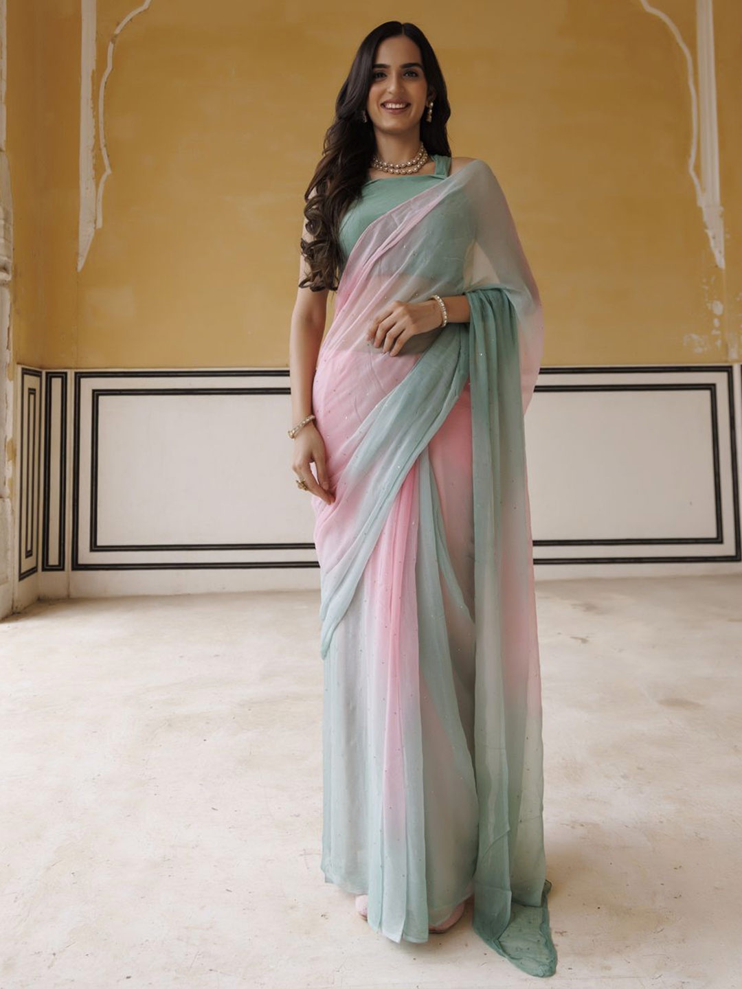 

Geroo Luxe Pink Green Ombre Printed Mukaish Saree