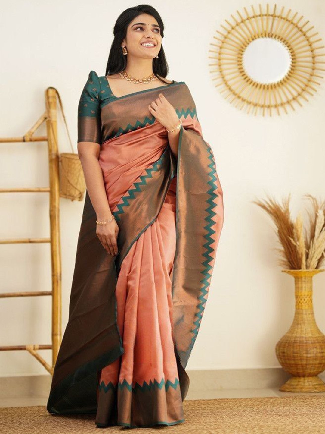 

Wuxi Woven Design Zari Pure Silk Banarasi Saree, Peach