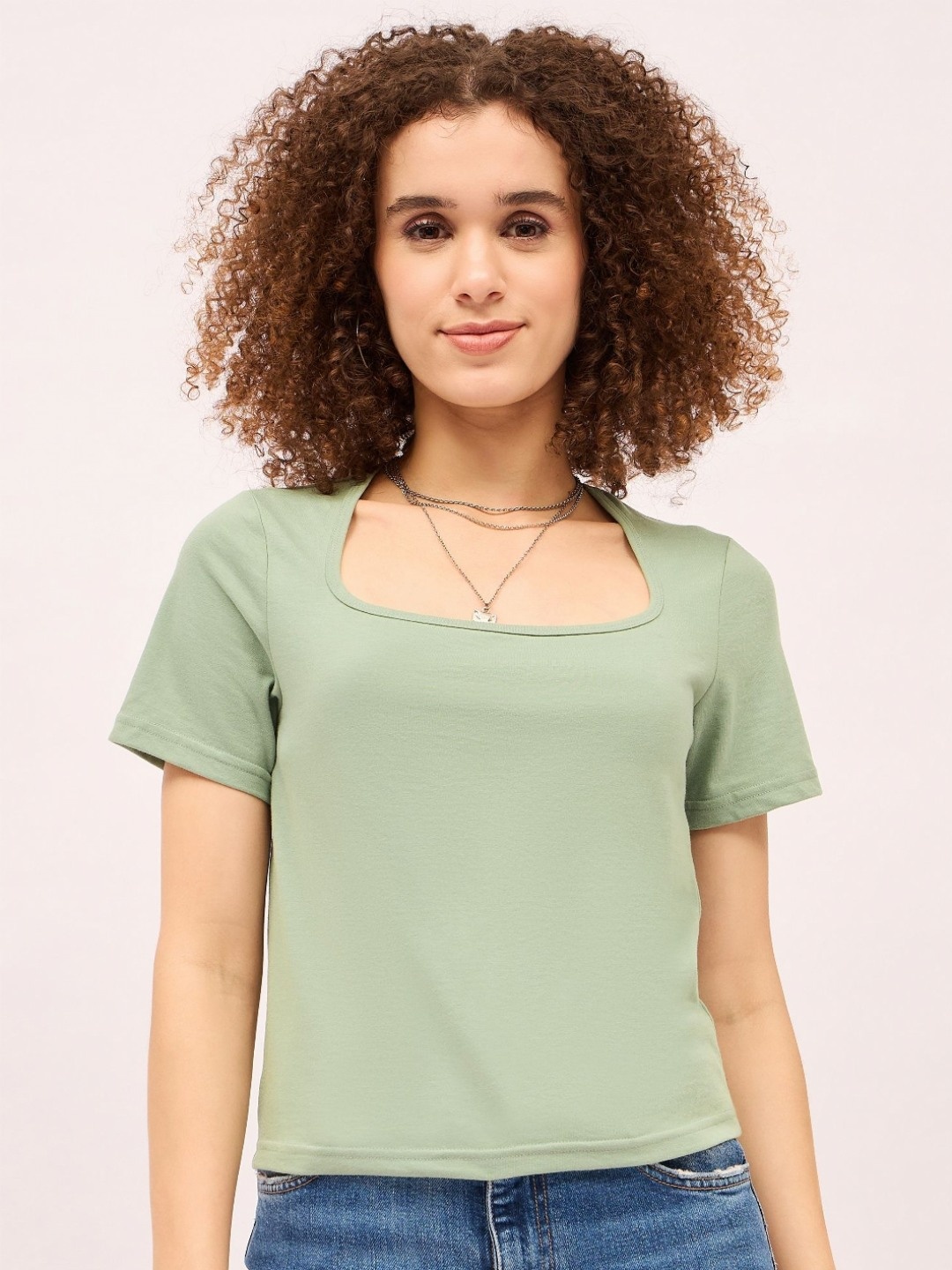 

Mayra Women Solid Scoop Neck Cotton T-shirt, Green