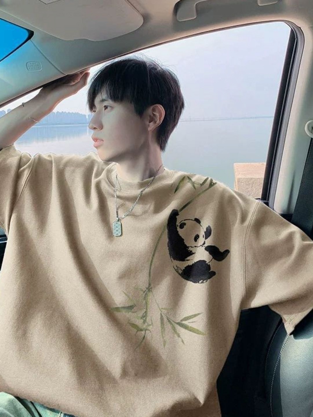 

HERE&NOW Men Graphic Printed Round Neck Cotton Oversized T-shirt, Khaki