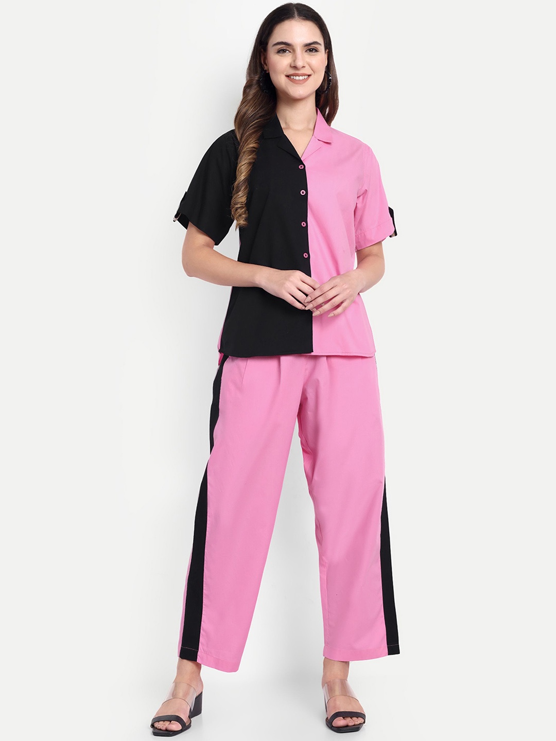 

GAB Women Colourblocked Pure Cotton Co-Ord Set, Pink