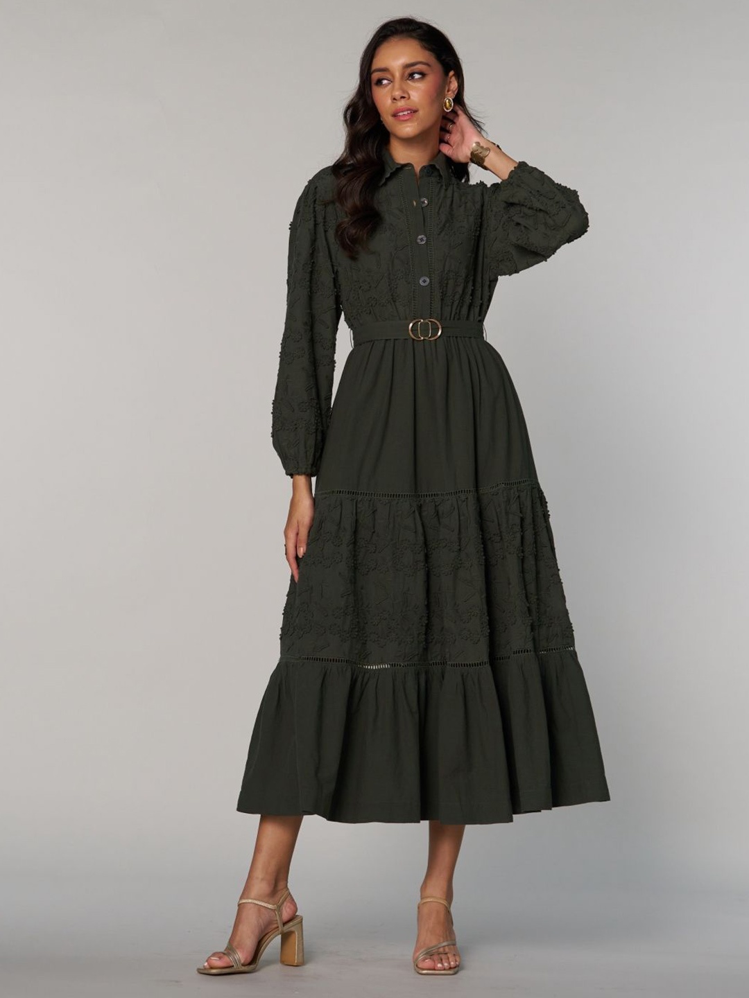 

Style Island Embroidered Cotton Fit & Flare Midi Dress, Olive
