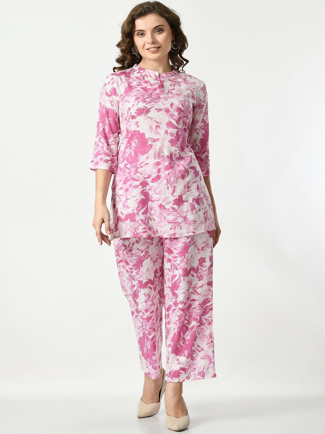 

VAPPSYAM Floral Printed Mandarin Collar Pure Cotton Casual Tunic With Trousers, Pink