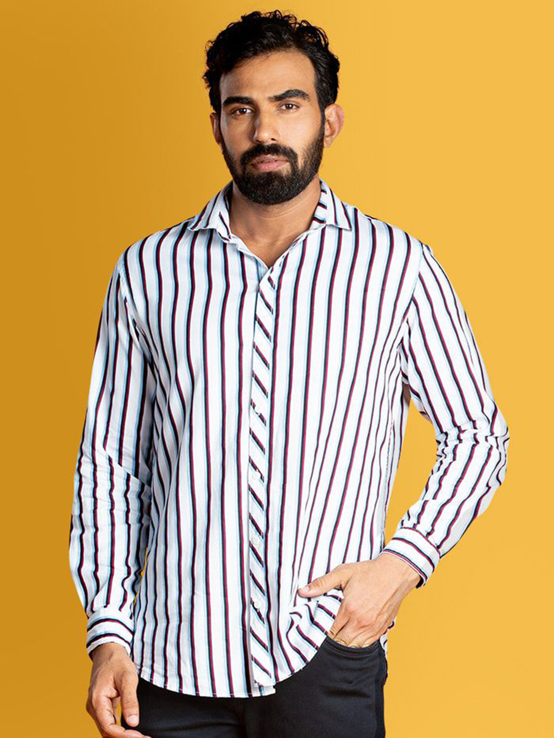 

Beyoung Men Spread Collar Vertical Striped Cotton Relaxed Fit Casual Shirt, White