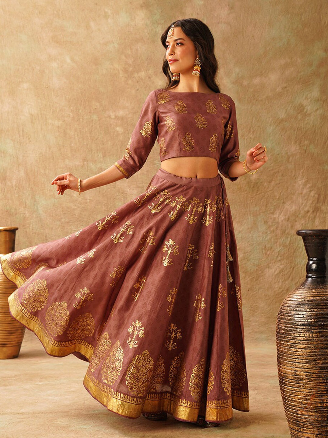 

JAYPORE Floral Printed Cotton Ready to Wear Lehenga & Blouse With Dupatta, Pink