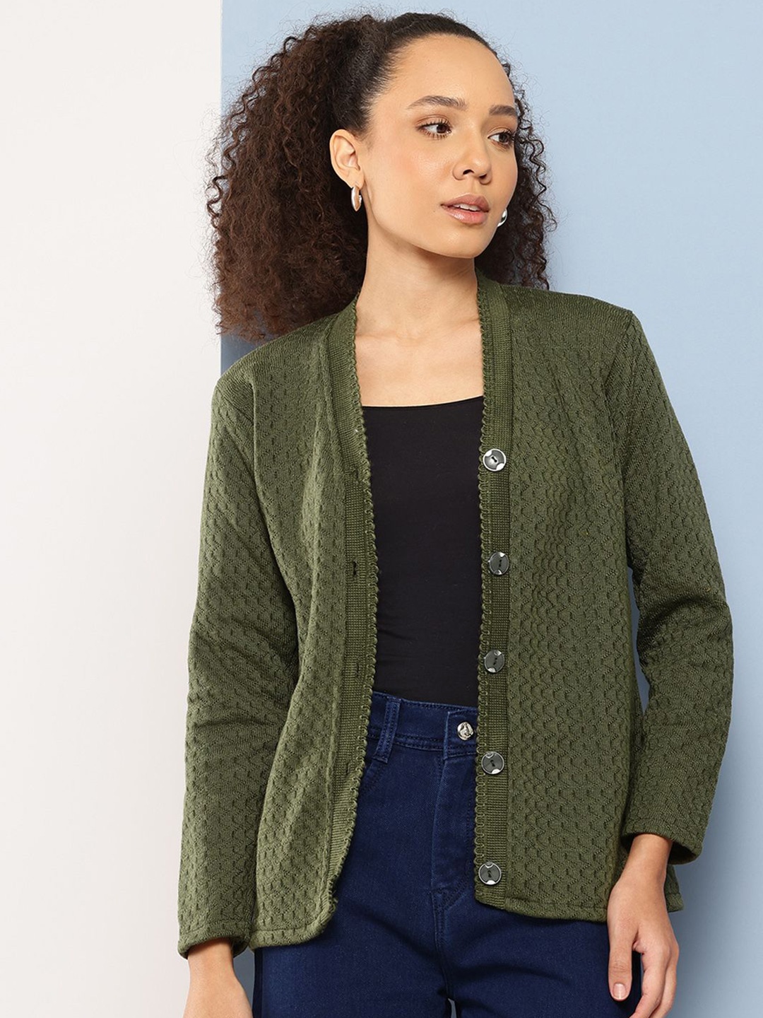 

BAESD Women Self Design Woollen Cardigan, Green