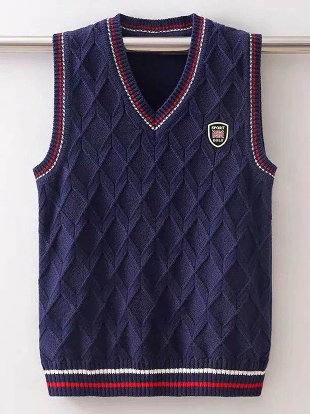 

INCLUD Boys Geometric Self Design Pure Cotton Sweater Vest, Navy blue