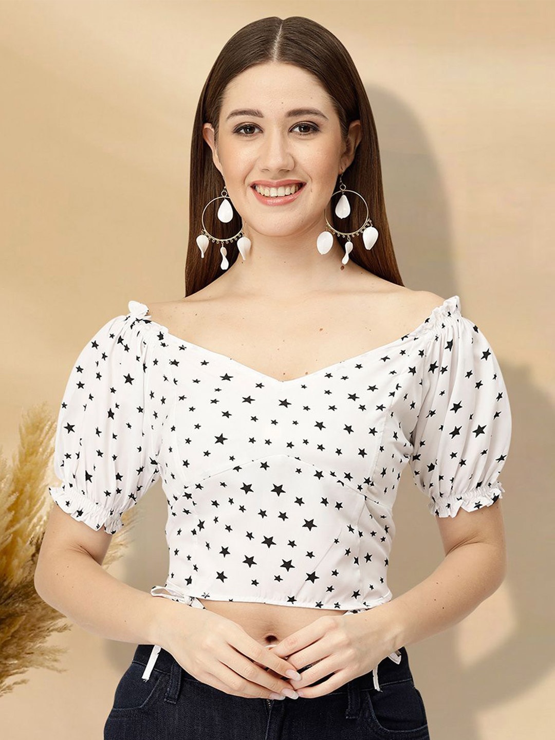 

BAESD Women V-Neck Puff Sleeves Crop Top, White