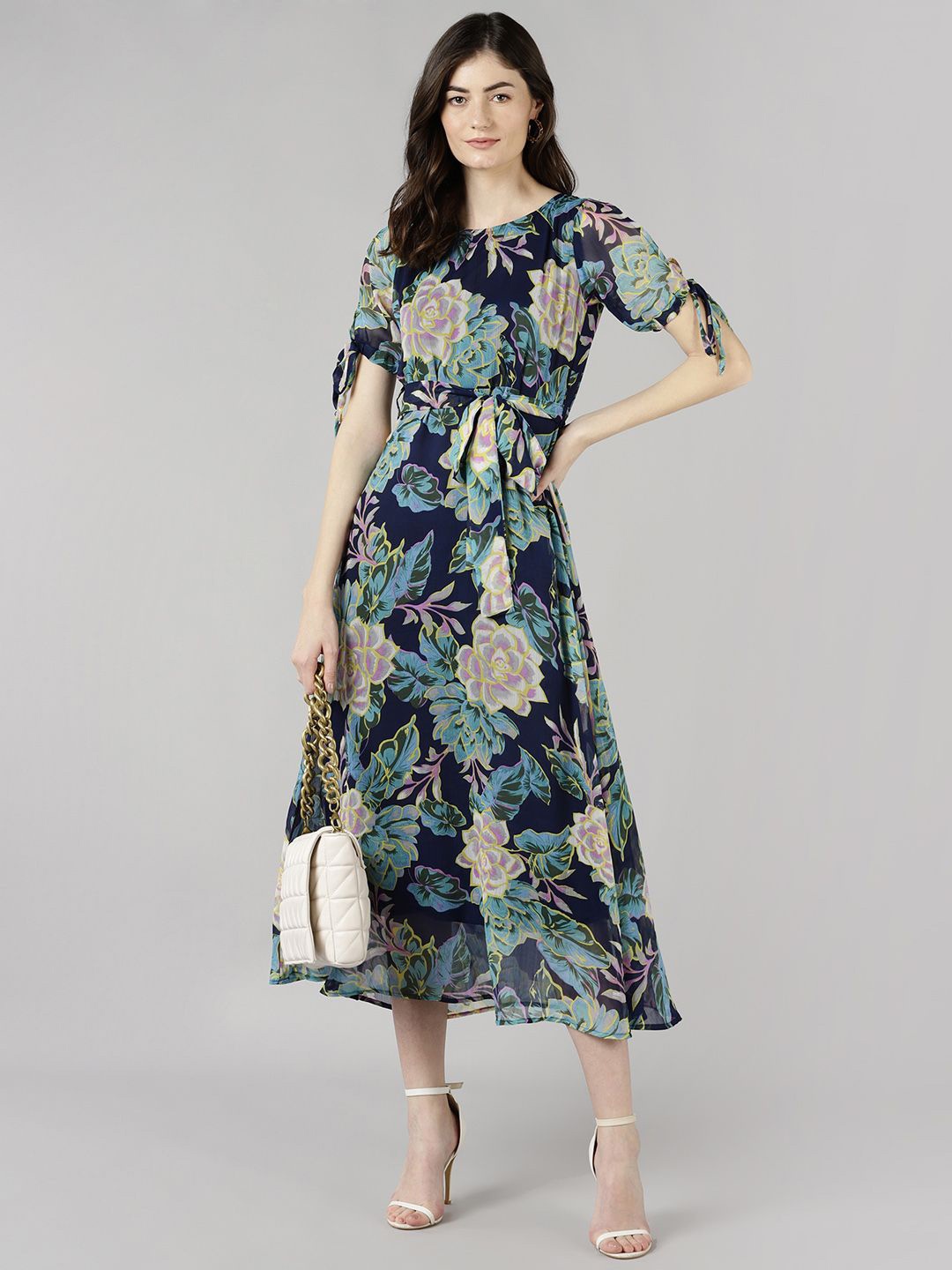 

DressBerry Floral Printed Chiffon Fit & Flare Midi Dress, Navy blue