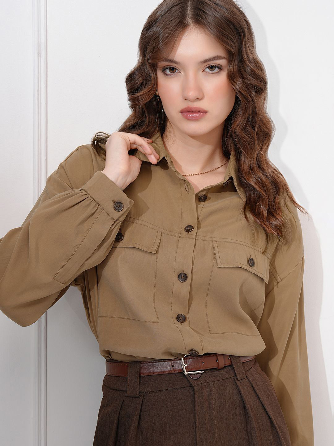 

CHIC BY TOKYO TALKIES Women Spread Collar Solid Relaxed Fit Casual Shirt, Coffee brown