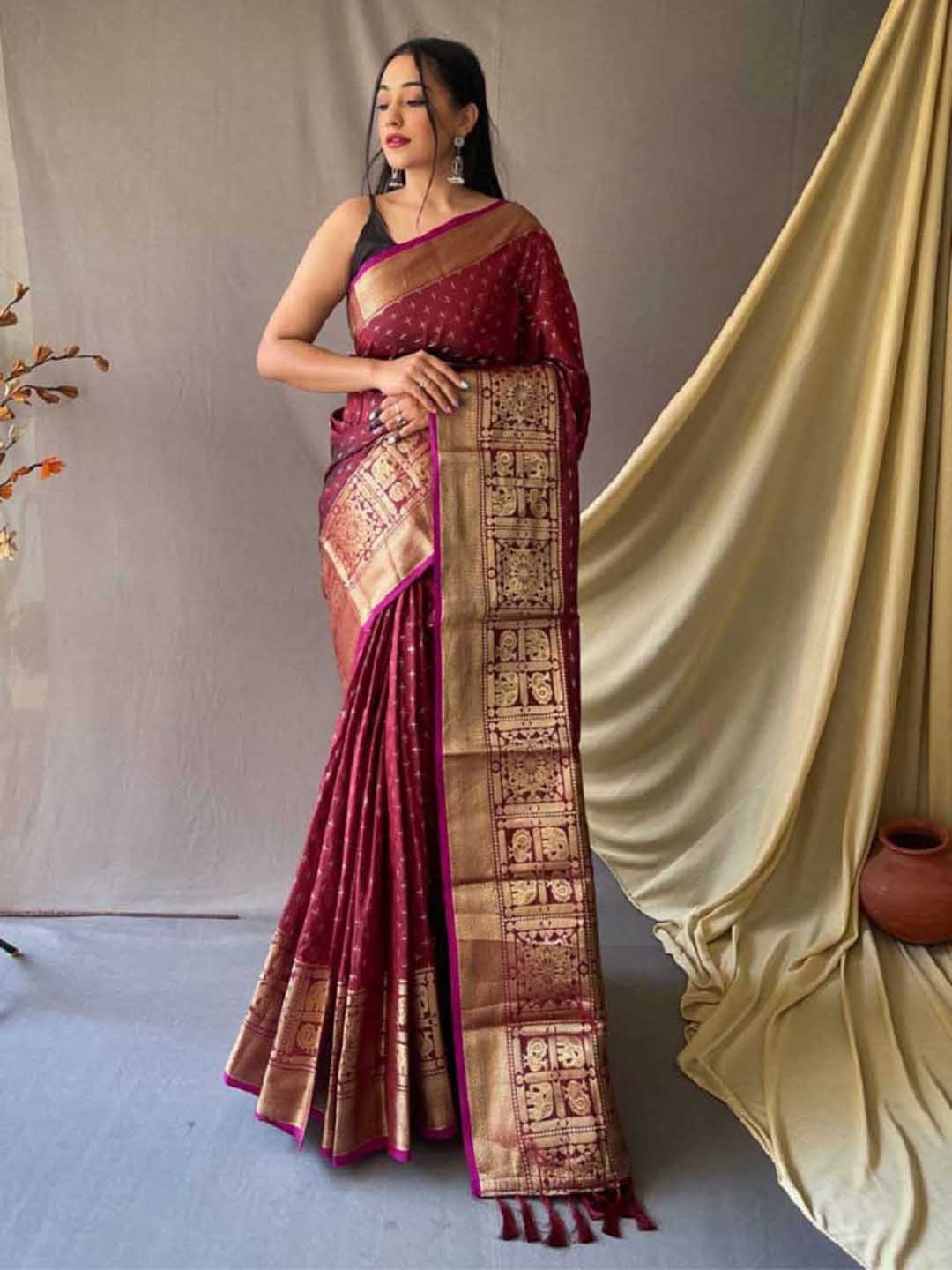 

LEOSAGI Woven Design Pure Silk Kanjeevaram Saree, Maroon
