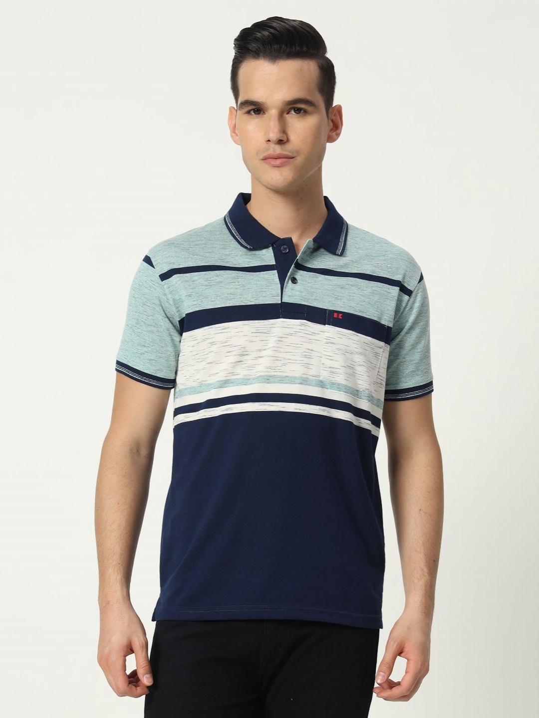

TAB91 Men Striped Polo Collar Cotton T-shirt, Navy blue