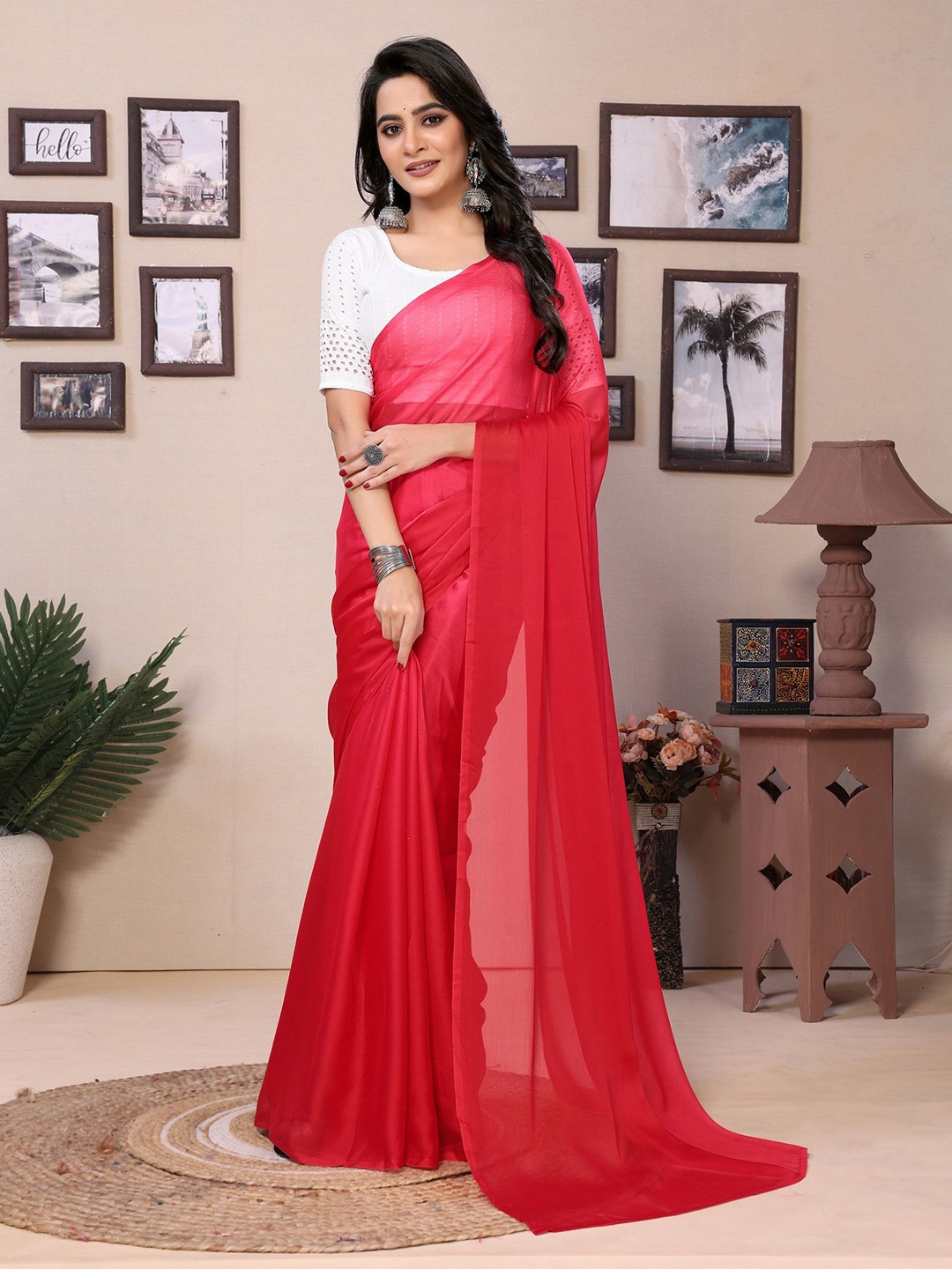 

LeeliPeeri Designer Satin Ready To Wear Saree, Red