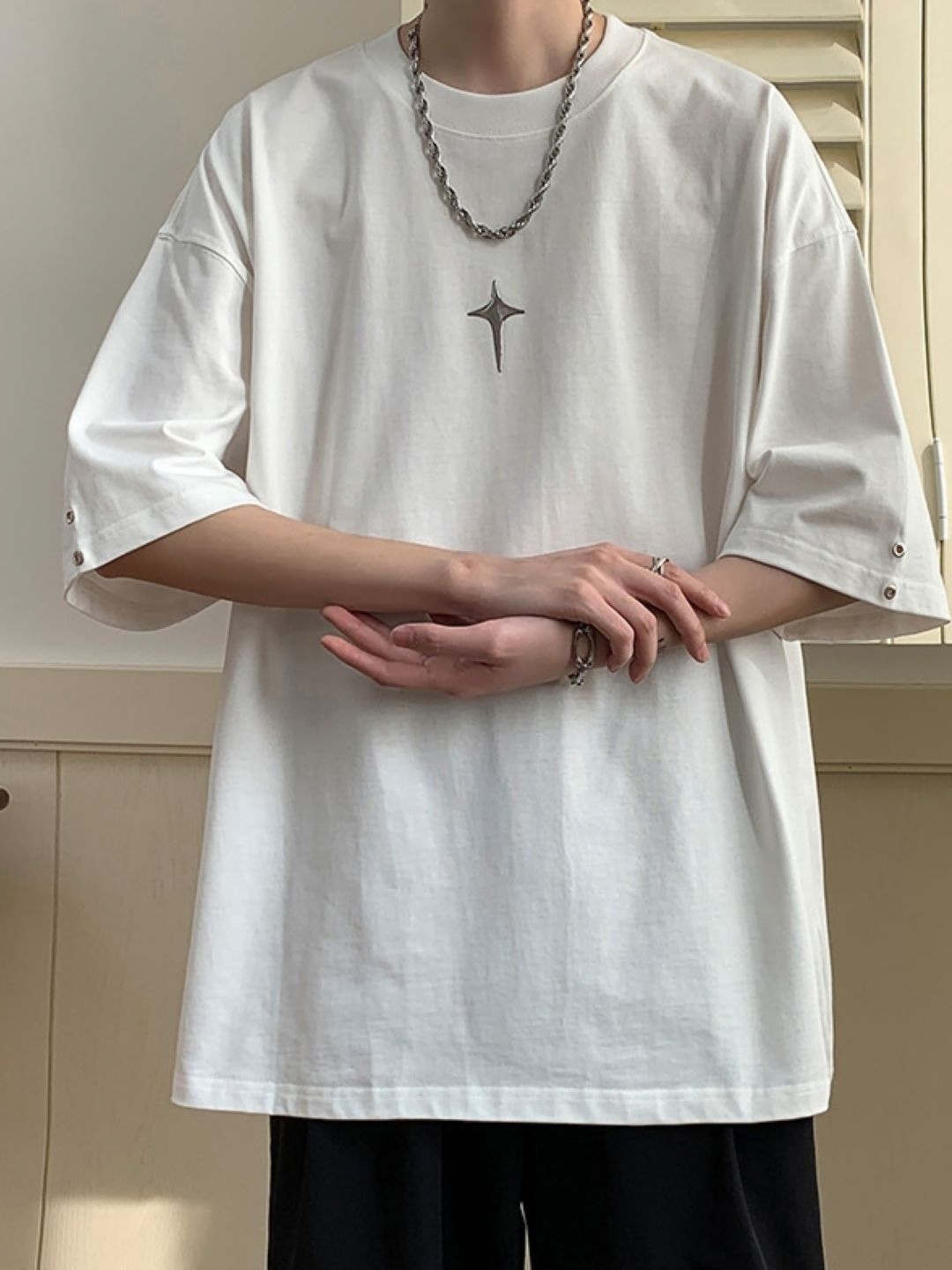 

HERE&NOW Men Graphic Printed Round Neck Cotton Oversized T-shirt, White