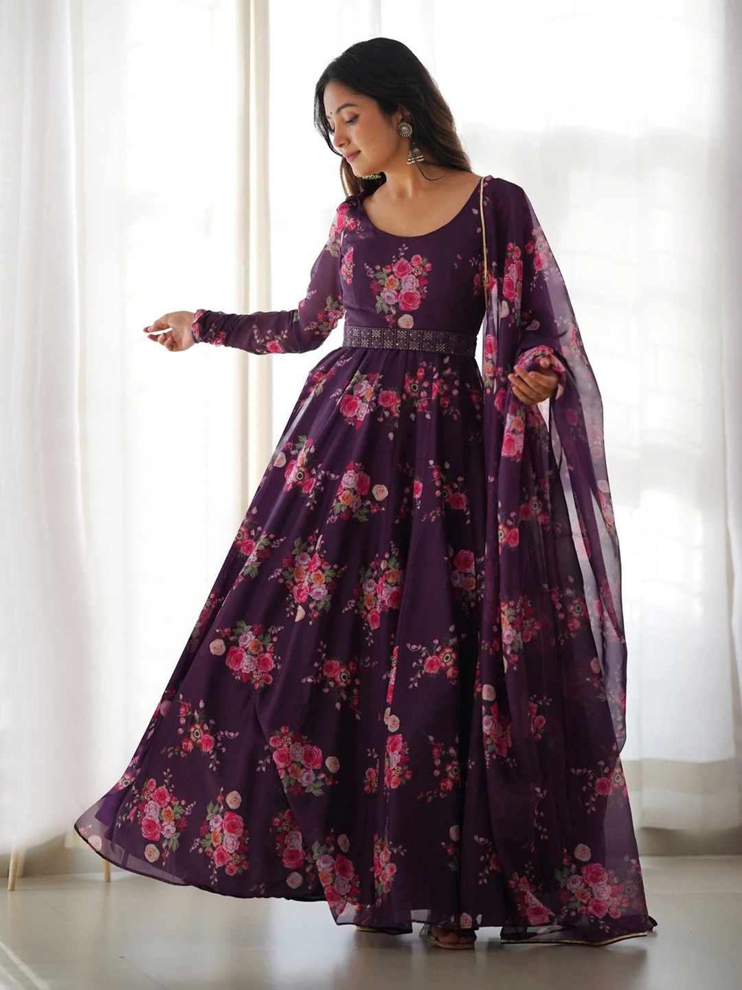 

Femvy Women Floral Printed Fit & Flare Maxi Ethnic Dresses, Purple