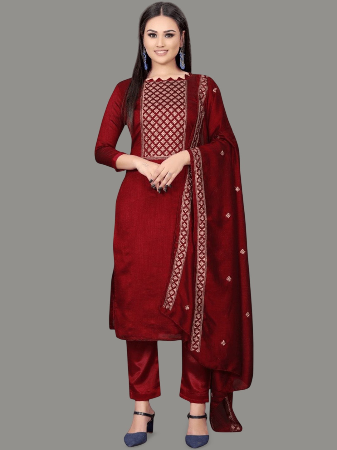

APNISHA Floral Embroidered Pure Silk Unstitched Dress Material, Maroon