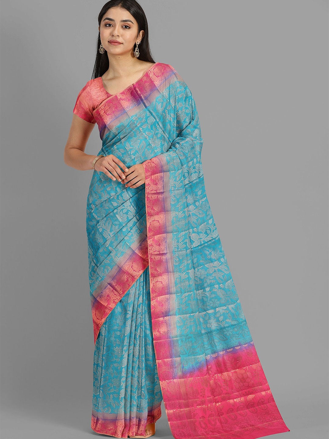 

The Chennai Silks Floral Woven Design Fusion Saree, Blue