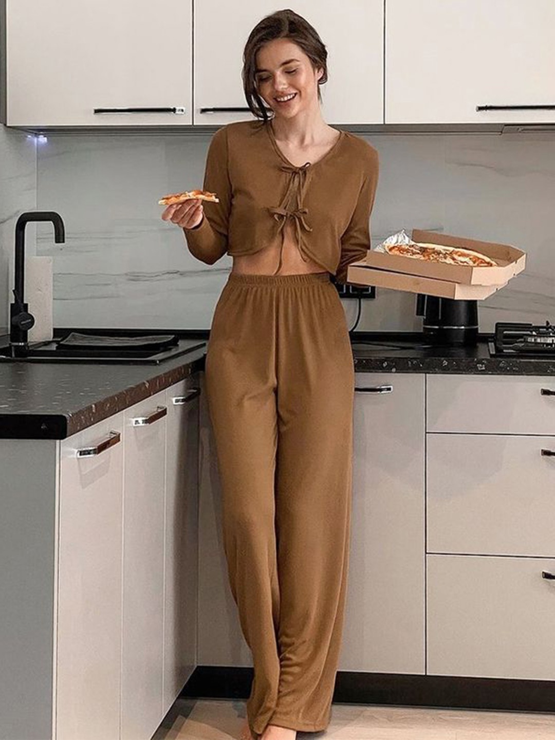 

LULU & SKY Women Round Neck Night Suits, Brown