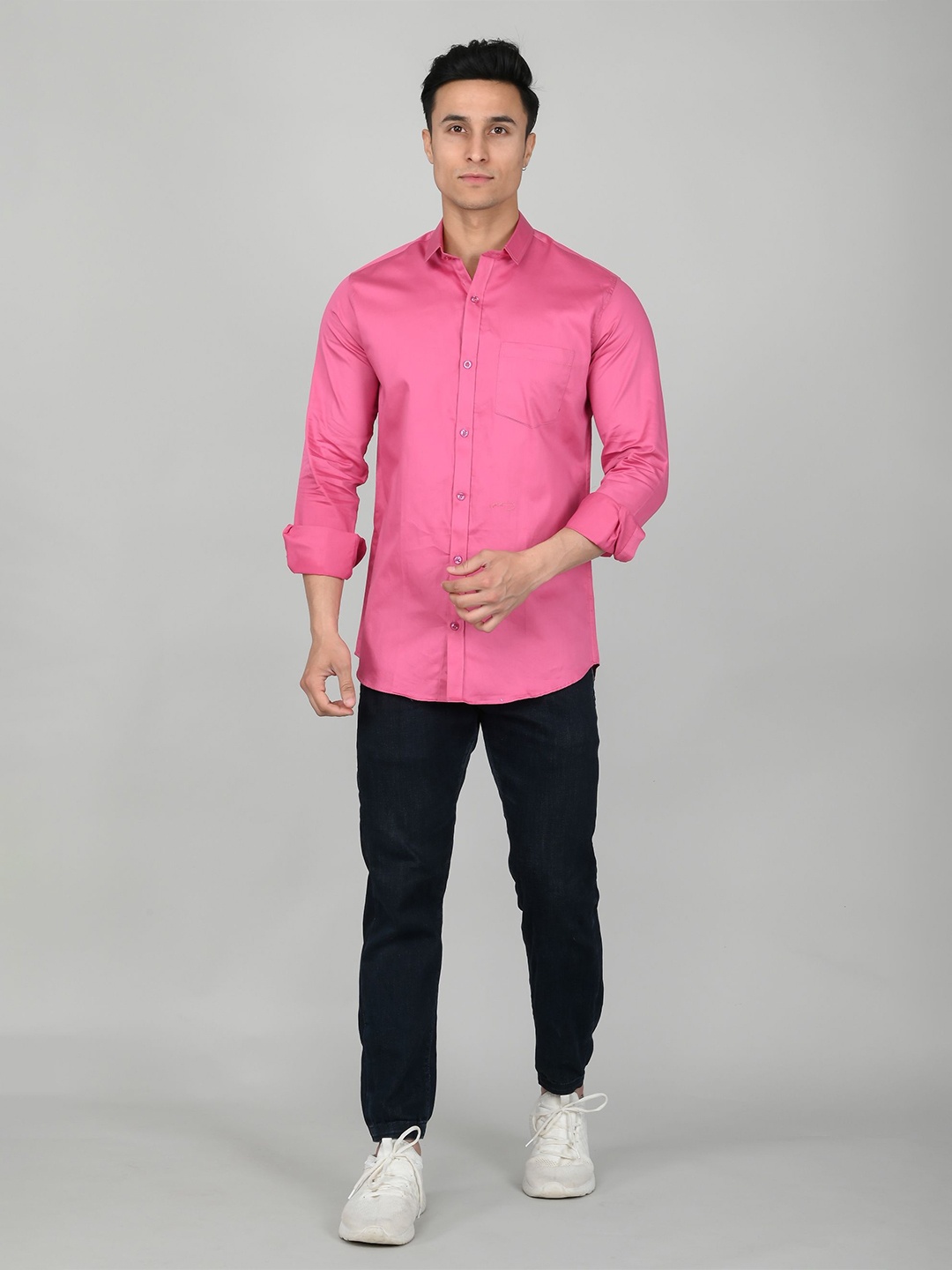 

Tanip Men Spread Collar Solid Cotton Casual Shirt, Pink