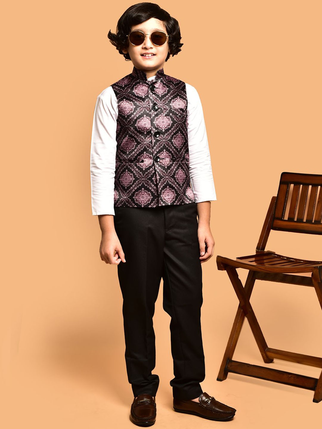 

PRINTINDIA Boys Printed Satin Nehru Jacket, Brown