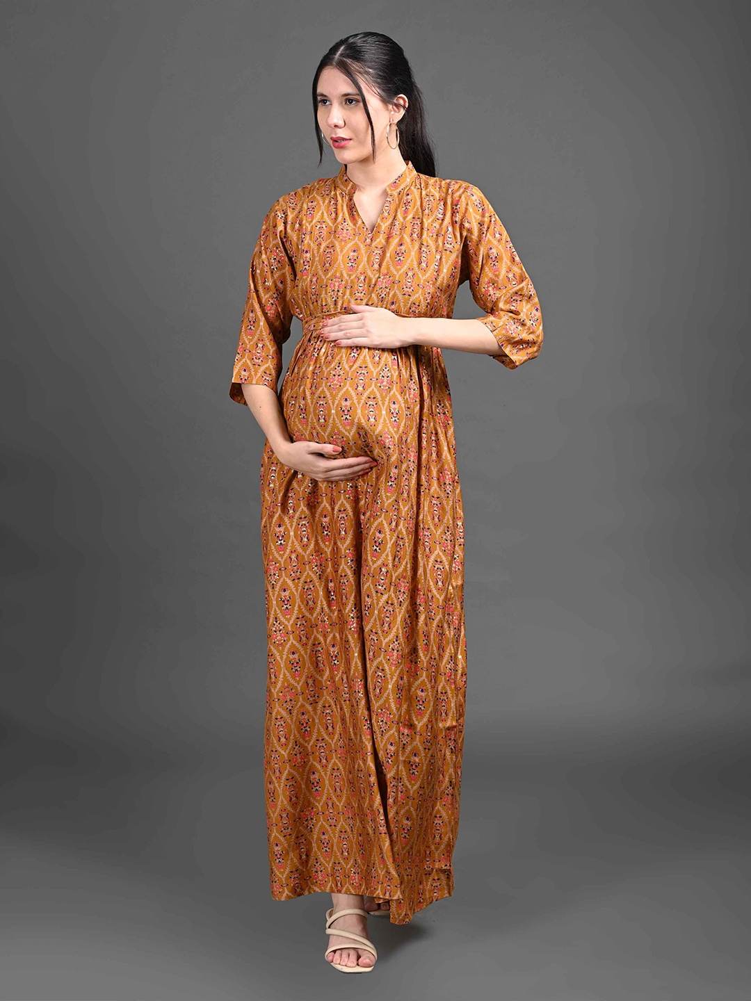 

GOLDSTROMS Women Floral Printed Maternity Maxi Dress, Mustard