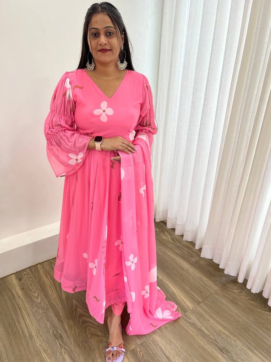 

ZIBLON Floral Printed Anarkali Kurta with Trousers & Dupatta, Pink