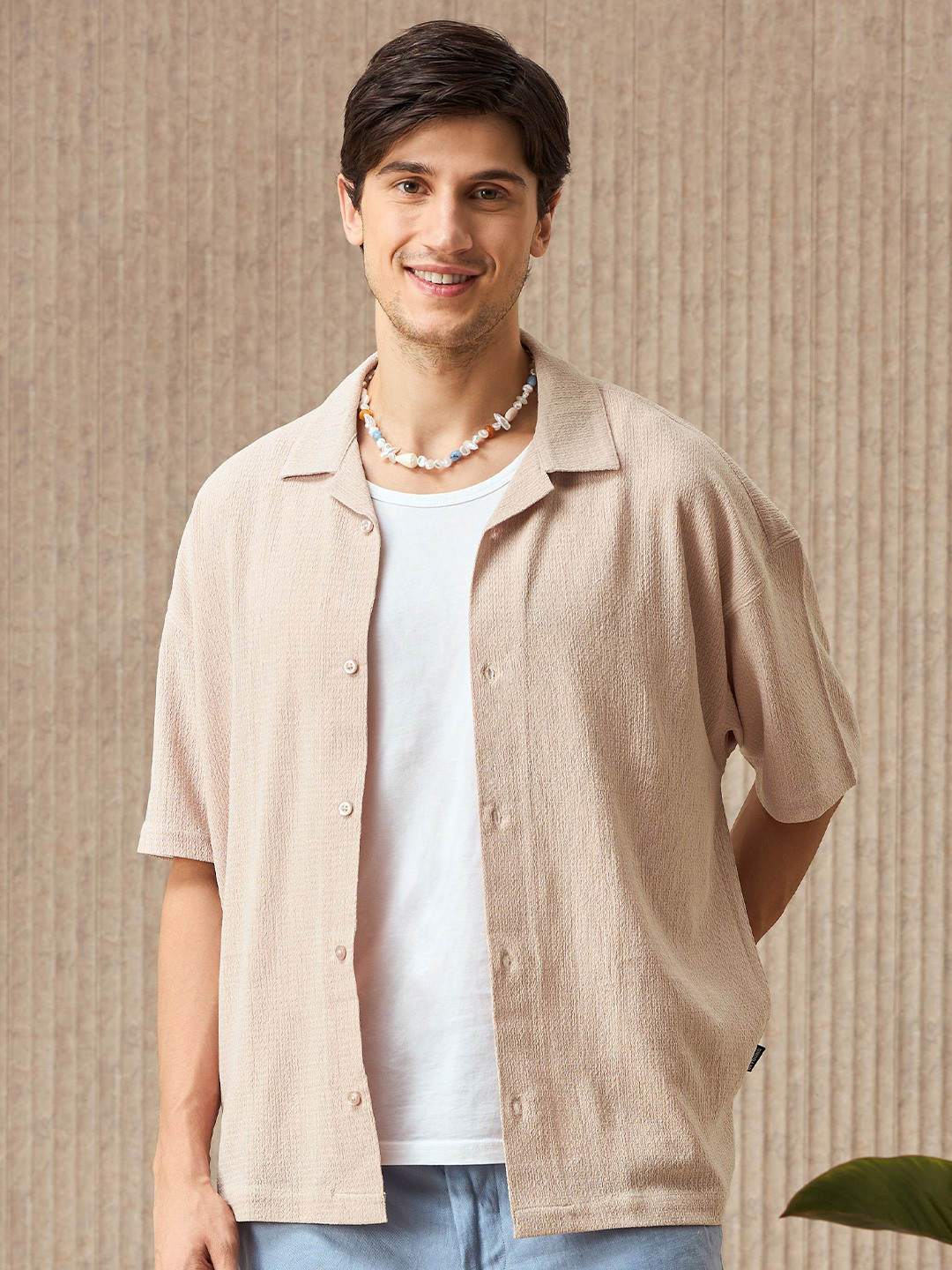 

Beyoung Men Cuban Collar Textured Cotton Relaxed Fit Casual Shirt, Peach