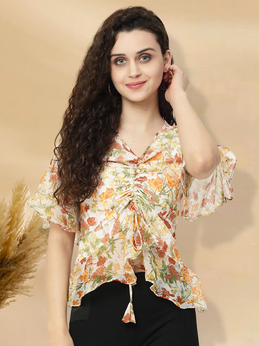 

BAESD Floral Print Flared Sleeves Asymmetric Hem Top, White
