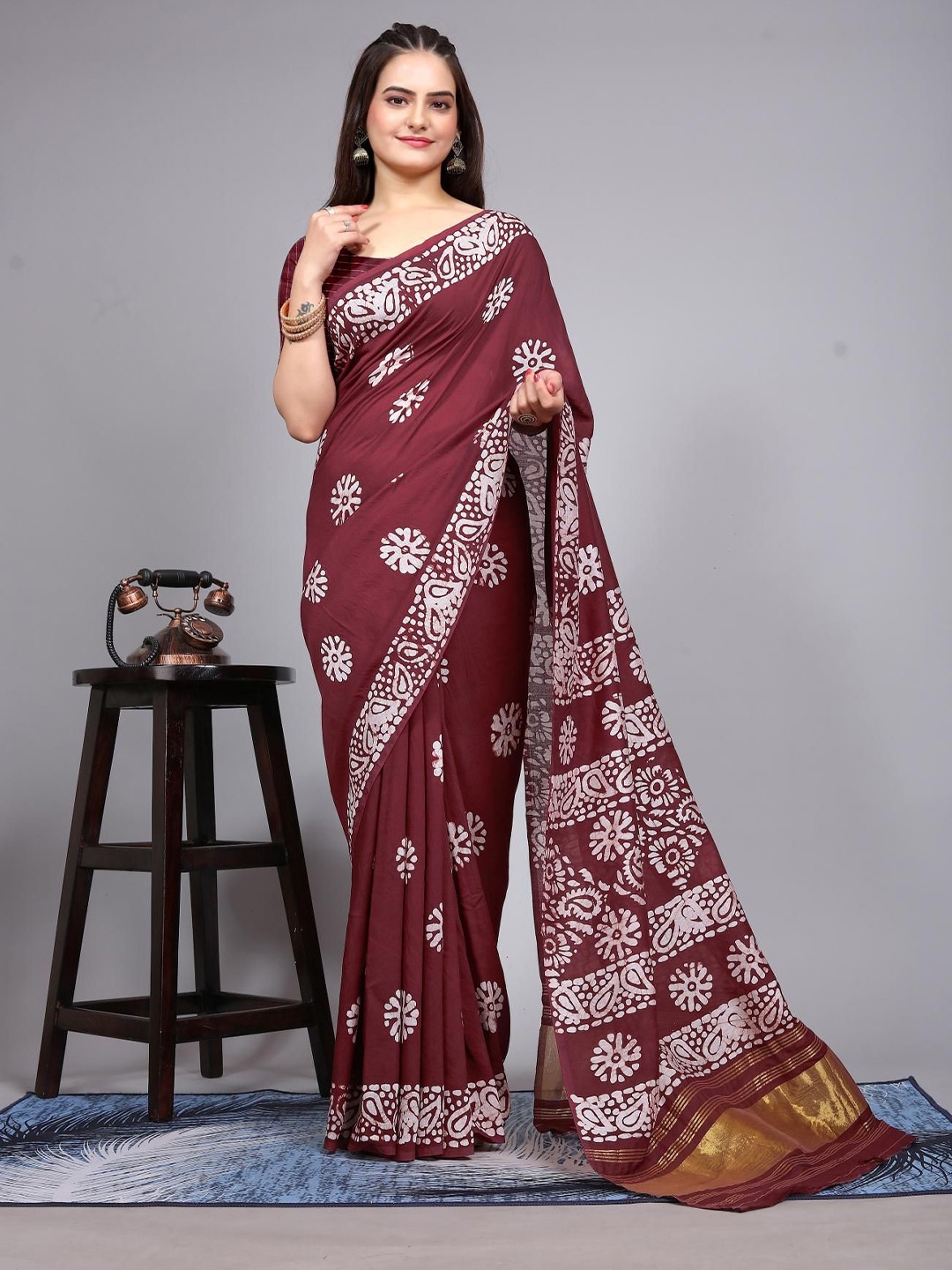 

Kalista Ethnic Motifs Printed Chanderi Saree, Maroon