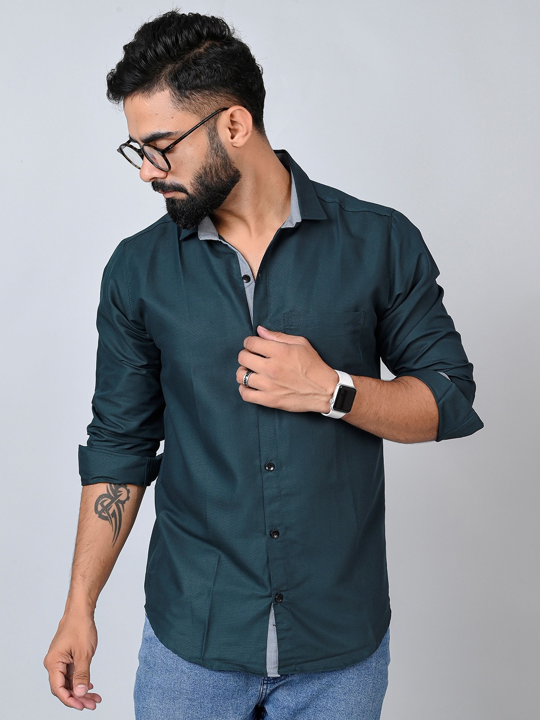 

Tanip Men Spread Collar Solid Cotton Casual Shirt, Teal