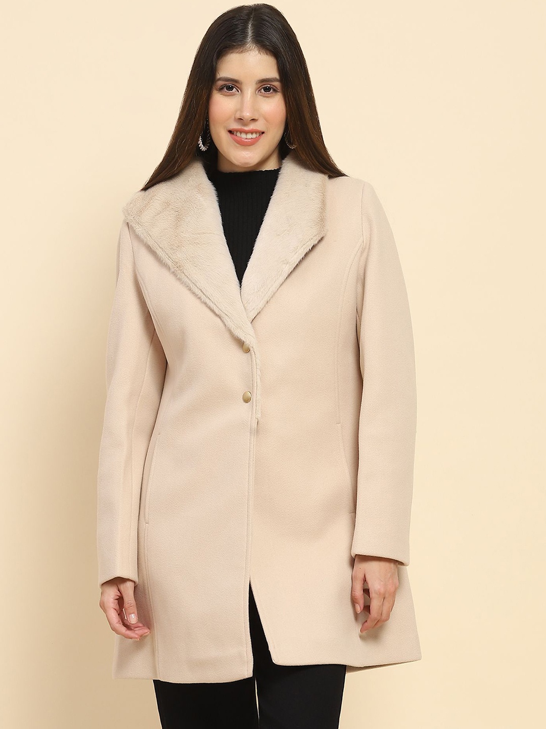 

Global Republic Women Single-Breasted Shawl Collar Overcoat, Beige